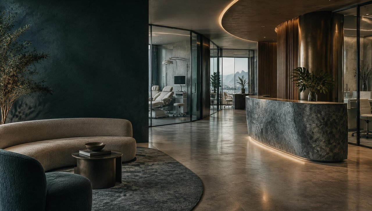 Interior contemporâneo de uma clínica, usado como imagem editorial